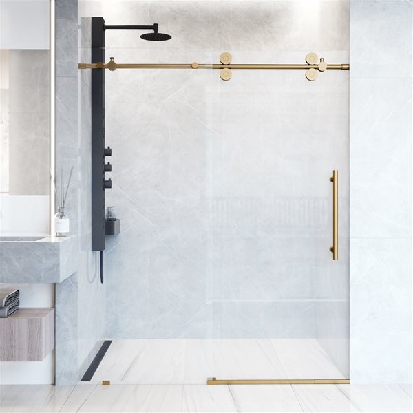 Vigo Elan 74-in H Frameless Matte Brushed Gold Sliding Laminated Glass Shower Door