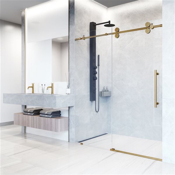 Vigo Elan 74-in H Frameless Matte Brushed Gold Sliding Laminated Glass Shower Door