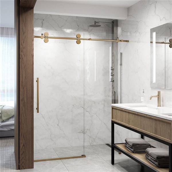 Vigo Elan 74-in H Frameless Matte Brushed Gold Sliding Laminated Glass Shower Door