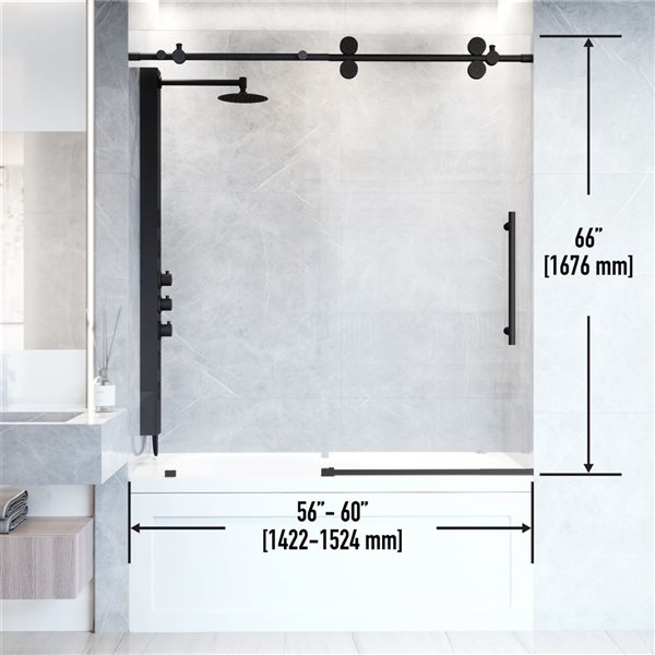 Porte de baignoire coulissante en verre feuilleté de 66 po H. Elan de Vigo, noir mat, sans cadre