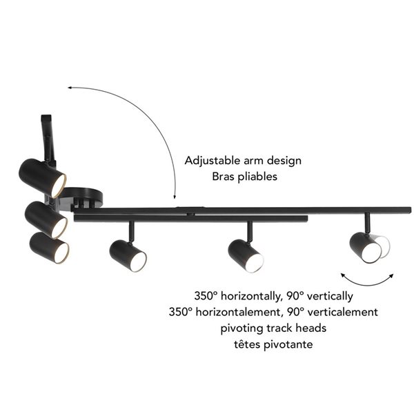 Rail d’éclairage Globe Electrique pliable noir mat 6 lumières DEL intégrées noir 64.25 po