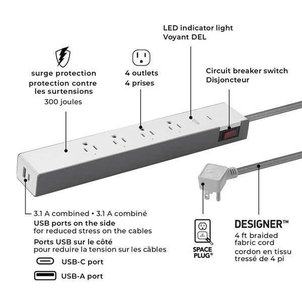 Barre d'alimentation multiprise (120V + USB) avec lumières DEL et