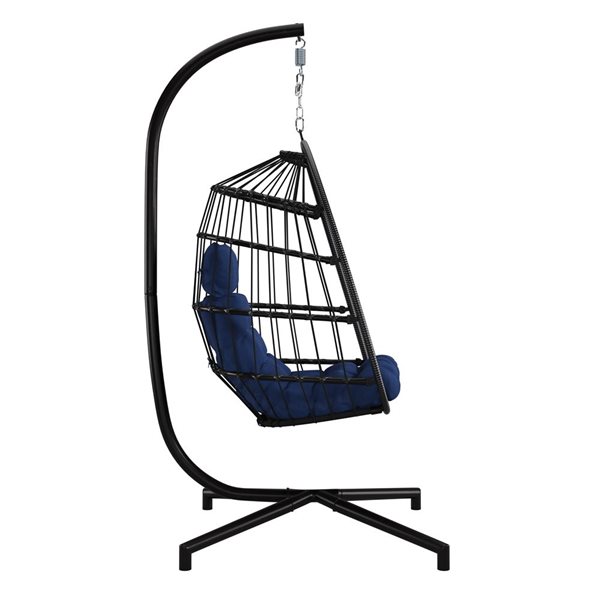 CorLiving Ember Rattan Hanging Egg Chair with Blue Cushions