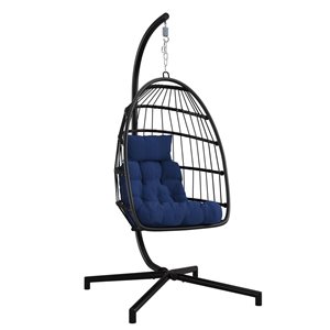 CorLiving Ember Rattan Hanging Egg Chair with Blue Cushions