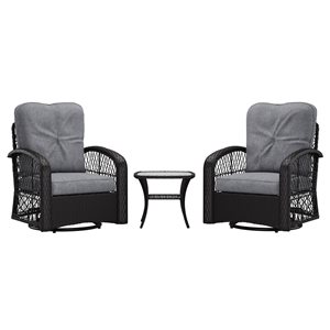 Ensemble de 3 morceaux de patio Maybelle de CorLiving avec chaises de pivotantes, coussins gris et table d'appoint