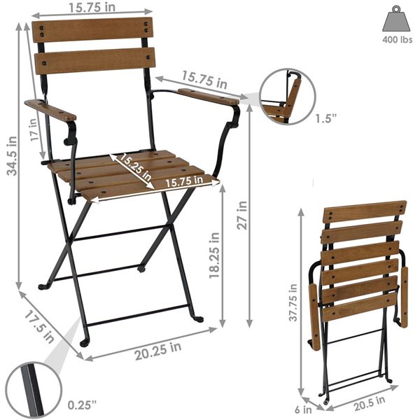 Sunnydaze Decor Black Metal Stationary Dining Chair with Brown Slat Seat - Set of 2