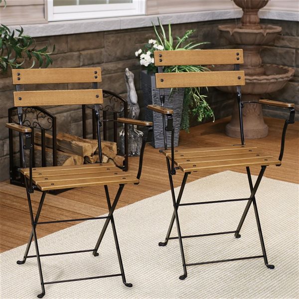 Sunnydaze Decor Black Metal Stationary Dining Chair with Brown Slat Seat - Set of 2