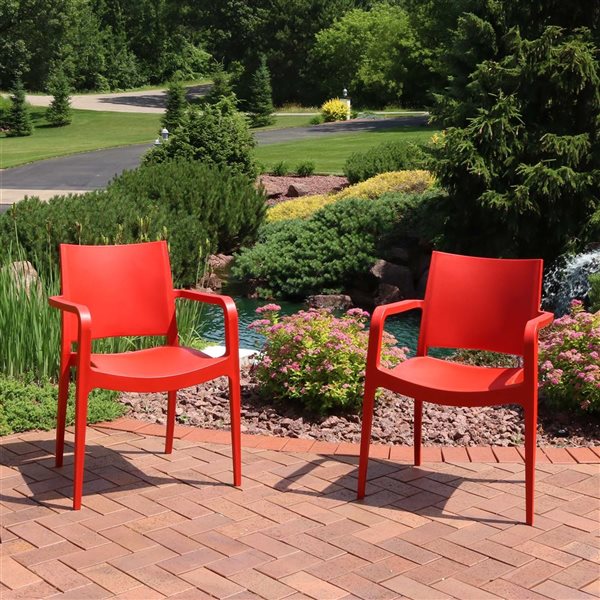 Sunnydaze Decor Red Stackable Plastic Stationary Dining Chair with Red Solid Seat - Set of 2