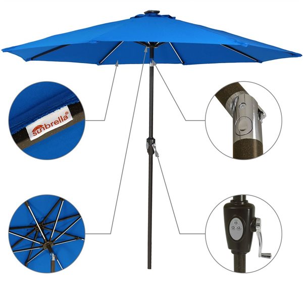 Sunnydaze Solar LED Patio Umbrella Sunbrella Pacific Blue 9-ft