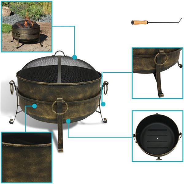 Sunnydaze Steel Cauldron Fire Pit with Spark Screen 24-in