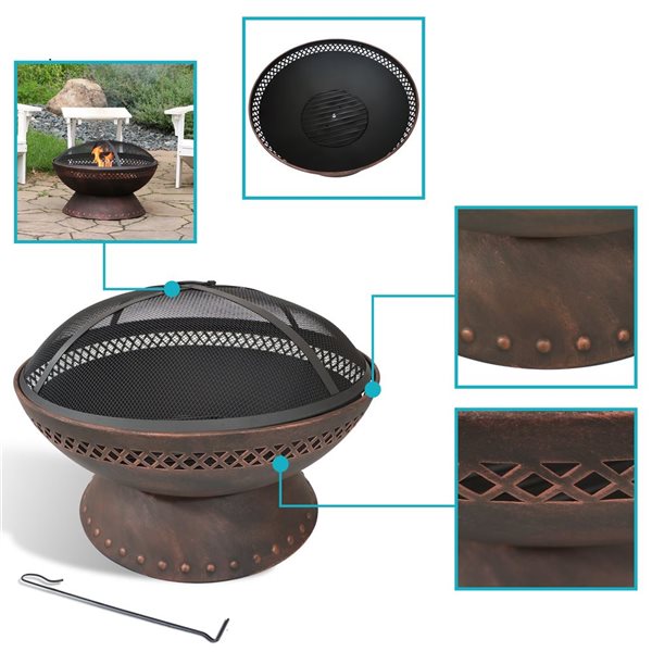 Sunnydaze Chalice Steel Fire Pit with Spark Screen Copper Finish 25-in