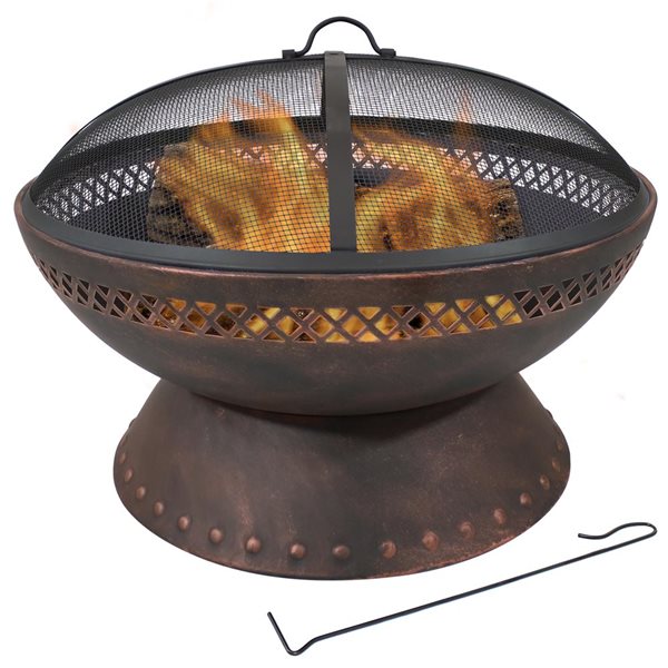 Sunnydaze Chalice Steel Fire Pit with Spark Screen Copper Finish 25-in