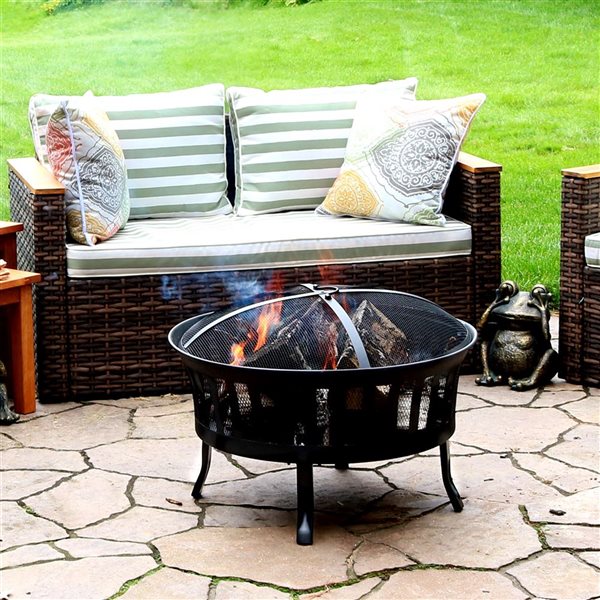 Sunnydaze Steel Mesh Stripe Cutout Fire Pit with Spark Screen and Poker 25-in