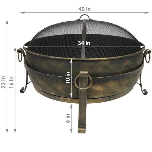 Sunnydaze Steel Cauldron Outdoor Fire Pit with Spark Screen 34-in