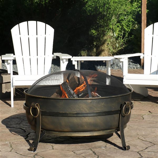 Sunnydaze Steel Cauldron Outdoor Fire Pit with Spark Screen 34-in