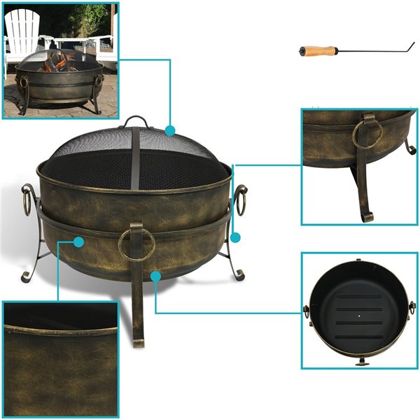 Sunnydaze Steel Cauldron Outdoor Fire Pit with Spark Screen 34-in