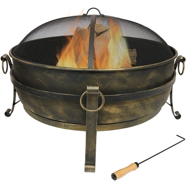 Sunnydaze Steel Cauldron Outdoor Fire Pit with Spark Screen 34-in