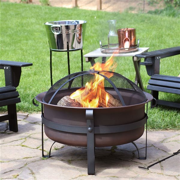 Sunnydaze Steel Cauldron Style Fire Pit with Spark Screen Bronze 29-in