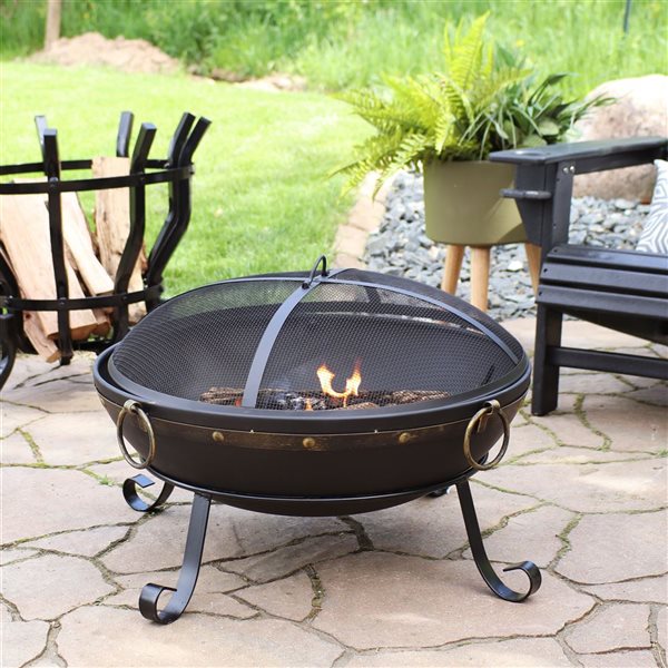 Sunnydaze Victorian Steel Fire Bowl with Handles and Spark Screen 25-in