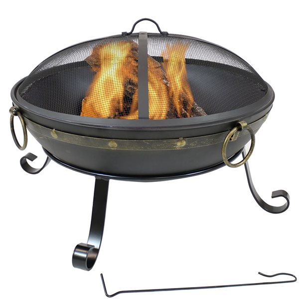 Sunnydaze Victorian Steel Fire Bowl with Handles and Spark Screen 25-in