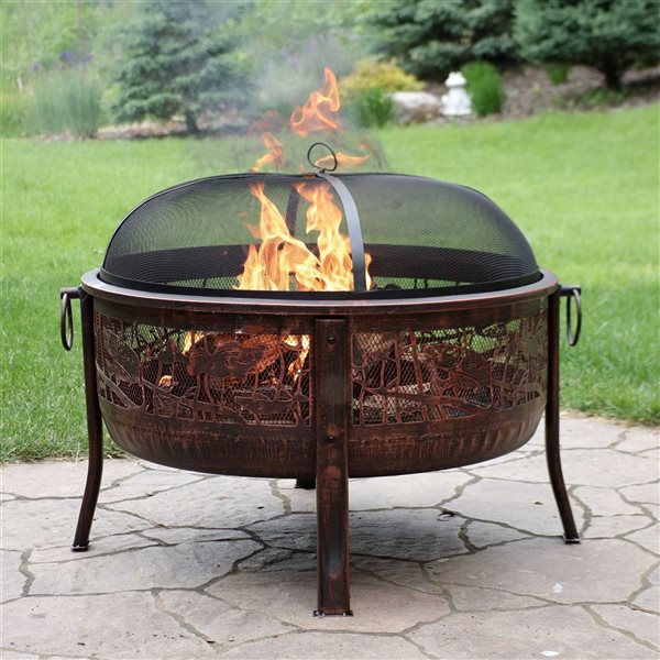 Sunnydaze Northwoods Fishing Fire Pit with Spark Screen 30-in