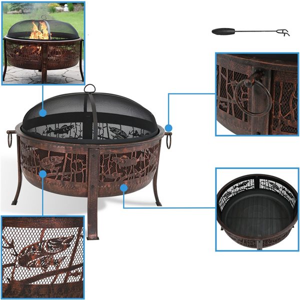 Sunnydaze Northwoods Fishing Fire Pit with Spark Screen 30-in