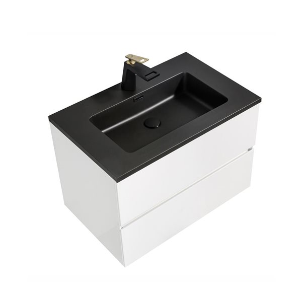 Meuble-lavabo blanc simple 29,5 po Sadie de GEF avec comprtoir en composite de quartz noir