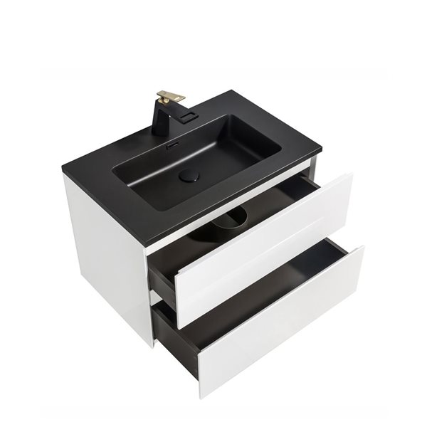 Meuble-lavabo blanc simple 29,5 po Sadie de GEF avec comprtoir en composite de quartz noir