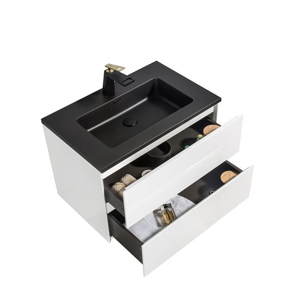 Meuble-lavabo blanc simple 29,5 po Sadie de GEF avec comprtoir en composite de quartz noir