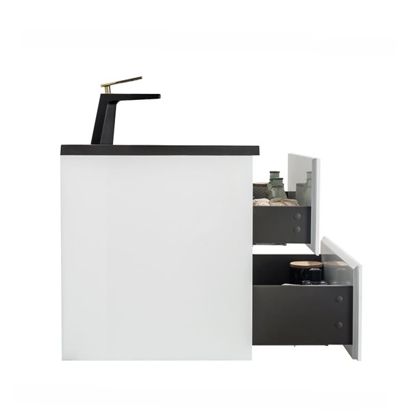 Meuble-lavabo blanc simple 29,5 po Sadie de GEF avec comprtoir en composite de quartz noir