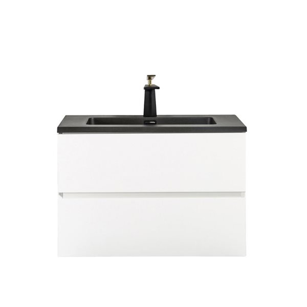 Meuble-lavabo blanc simple 29,5 po Sadie de GEF avec comprtoir en composite de quartz noir