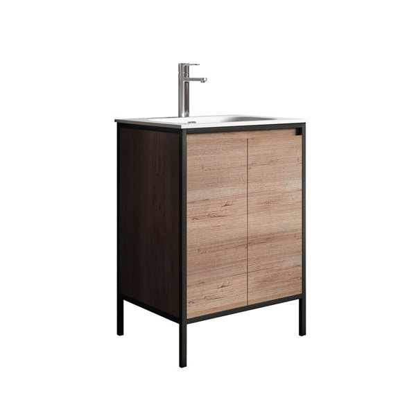 Meuble-lavabo simple en chêne brut avec comptoir en céramique blanche Avery de GEF 24,02 po