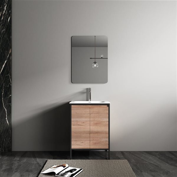 Meuble-lavabo simple en chêne brut avec comptoir en céramique blanche Avery de GEF 24,02 po