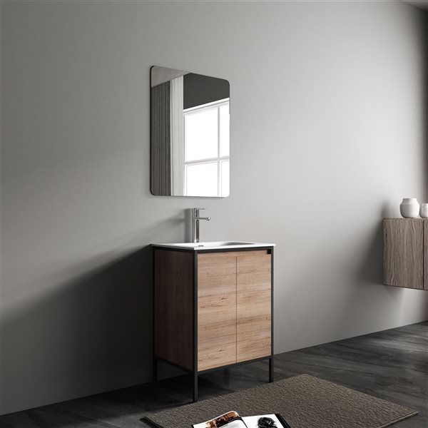 Meuble-lavabo simple en chêne brut avec comptoir en céramique blanche Avery de GEF 24,02 po