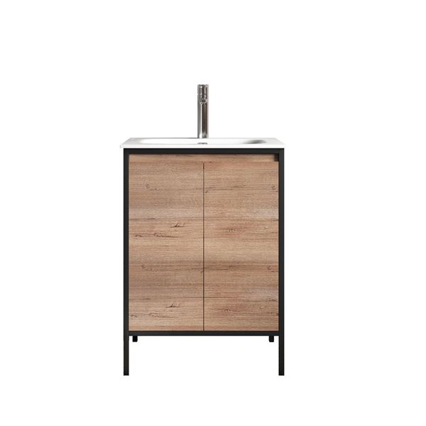 Meuble-lavabo simple en chêne brut avec comptoir en céramique blanche Avery de GEF 24,02 po