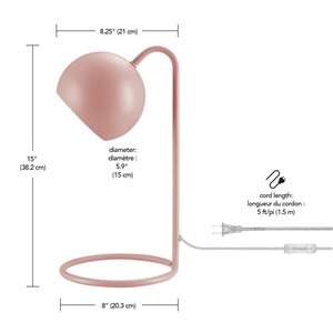 Lampe bureau LED Globe Elcetrci 15 po rose mat avec interrupteur à bascule