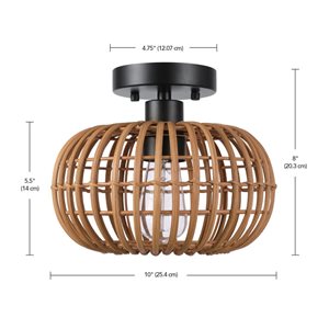 Plafonnier affleurant Globe Electrique 1 ampoule noir abat-jour en rotin