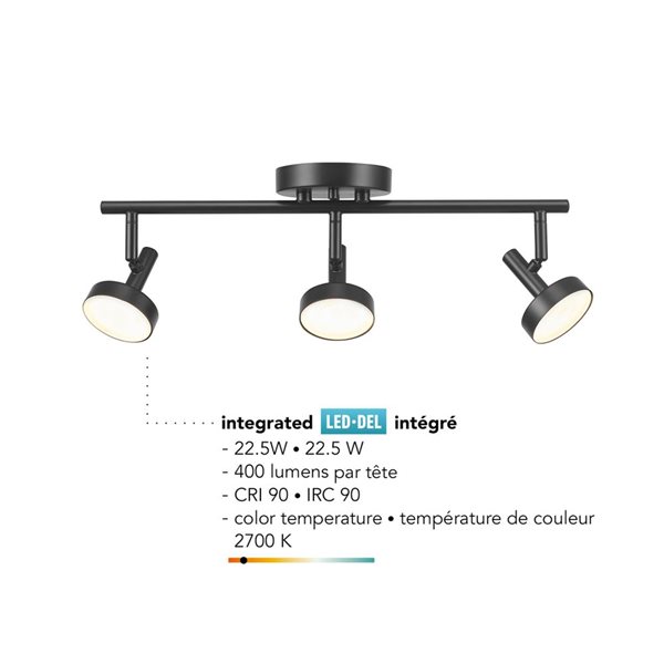 Rail d’éclairage Globe Electrique à 3 ampoules DEL intégrées 19 po noir mat  de 22,5 W