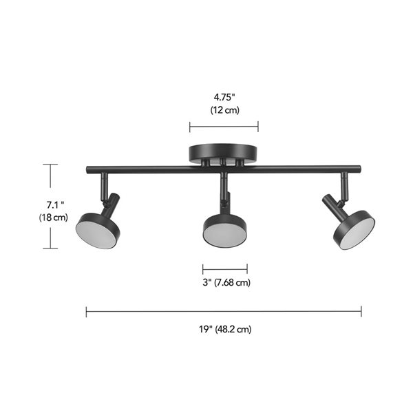 Rail d’éclairage Globe Electrique à 3 ampoules DEL intégrées 19 po noir mat  de 22,5 W