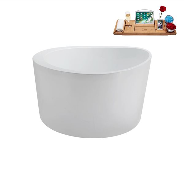 Streamline 43.3-in X 43.3-in Glossy White Acrylic Round Freestanding Bathtub and a Polished Chrome Reversible Drain with Tray