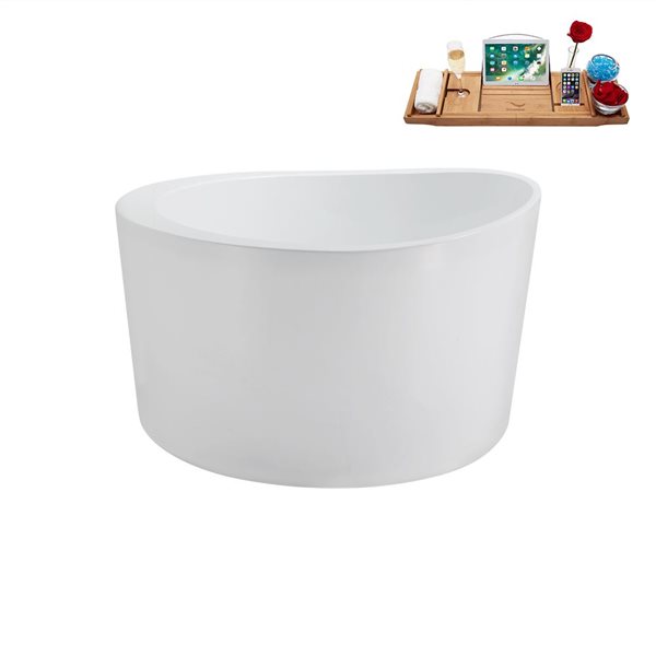 Streamline 43.3-in X 43.3-in Glossy White Acrylic Round Freestanding Bathtub and a Polished Chrome Reversible Drain with Tray