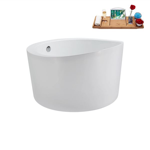 Streamline 43.3-in X 43.3-in Glossy White Acrylic Round Freestanding Bathtub and a Polished Chrome Reversible Drain with Tray