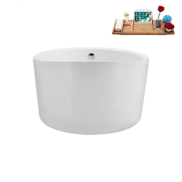 Streamline 43.3-in X 43.3-in Glossy White Acrylic Round Freestanding Bathtub and a Polished Chrome Reversible Drain with Tray