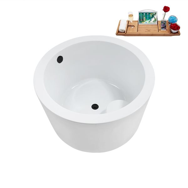 Baignoire autopartante ronde Streamline 41.1 po X 41.1 po blanc lustré en acrylique avec drain centré noir mat et plateau