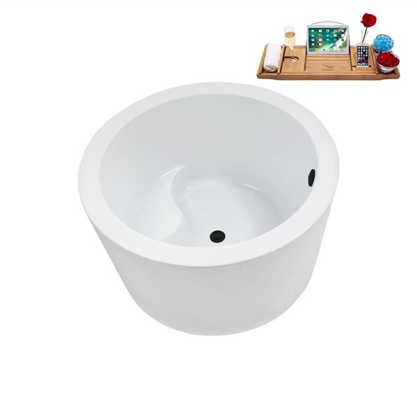 Baignoire autopartante ronde Streamline 41.1 po X 41.1 po blanc lustré en acrylique avec drain centré noir mat et plateau