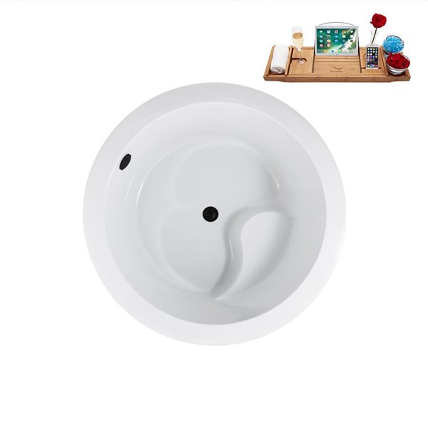 Baignoire autopartante ronde Streamline 41.1 po X 41.1 po blanc lustré en acrylique avec drain centré noir mat et plateau