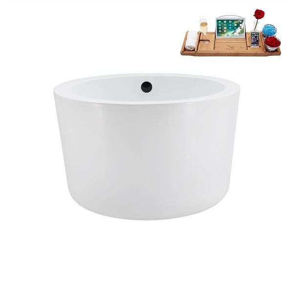 Baignoire autopartante ronde Streamline 41.1 po X 41.1 po blanc lustré en acrylique avec drain centré noir mat et plateau