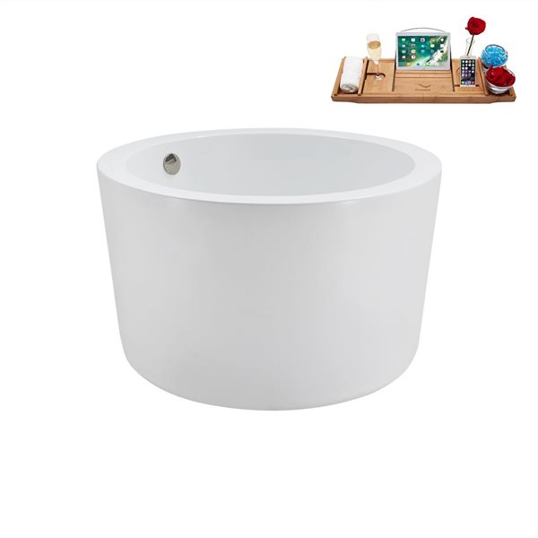 Streamline 41.1-in X 41.1-in Glossy White Acrylic Round Freestanding Bathtub and a Brushed Nickel Center Drain with Tray