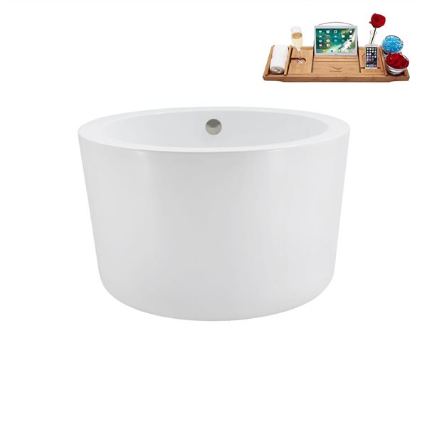 Streamline 41.1-in X 41.1-in Glossy White Acrylic Round Freestanding Bathtub and a Brushed Nickel Center Drain with Tray