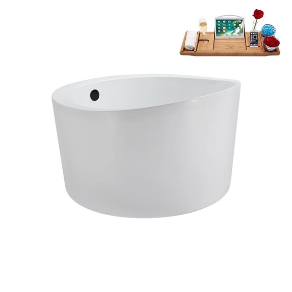 Streamline 43.3-in X 43.3-in Glossy White Acrylic Round Freestanding Bathtub and a Matte Black Reversible Drain with Tray